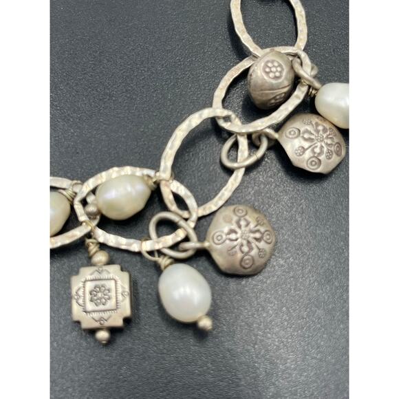 Artisan Sterling Silver White Freshwater Pearl Ladybug Link Charm Bracelet - Picture 2 of 13